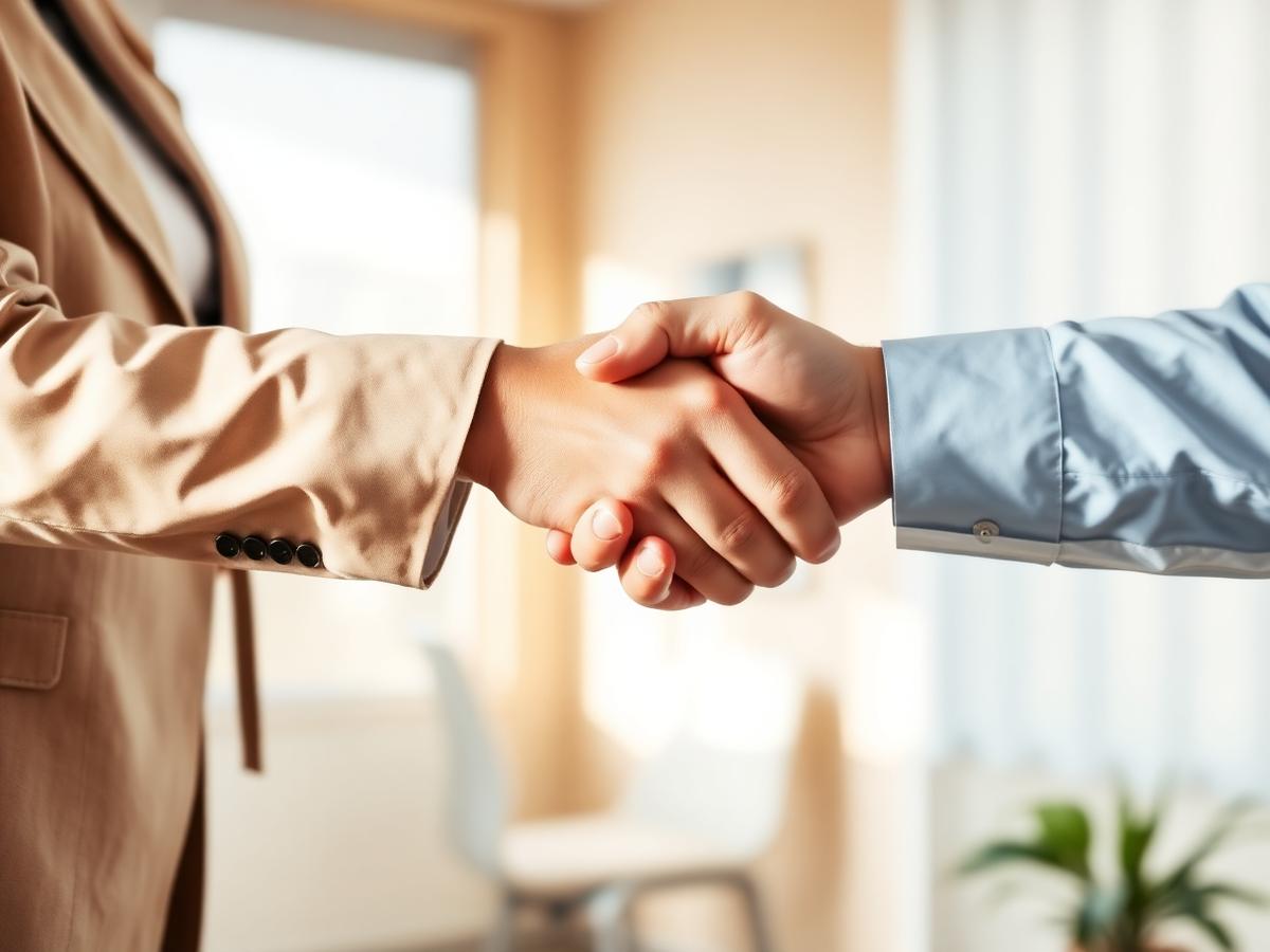 Two people shaking hands in a warmly lit clinic
