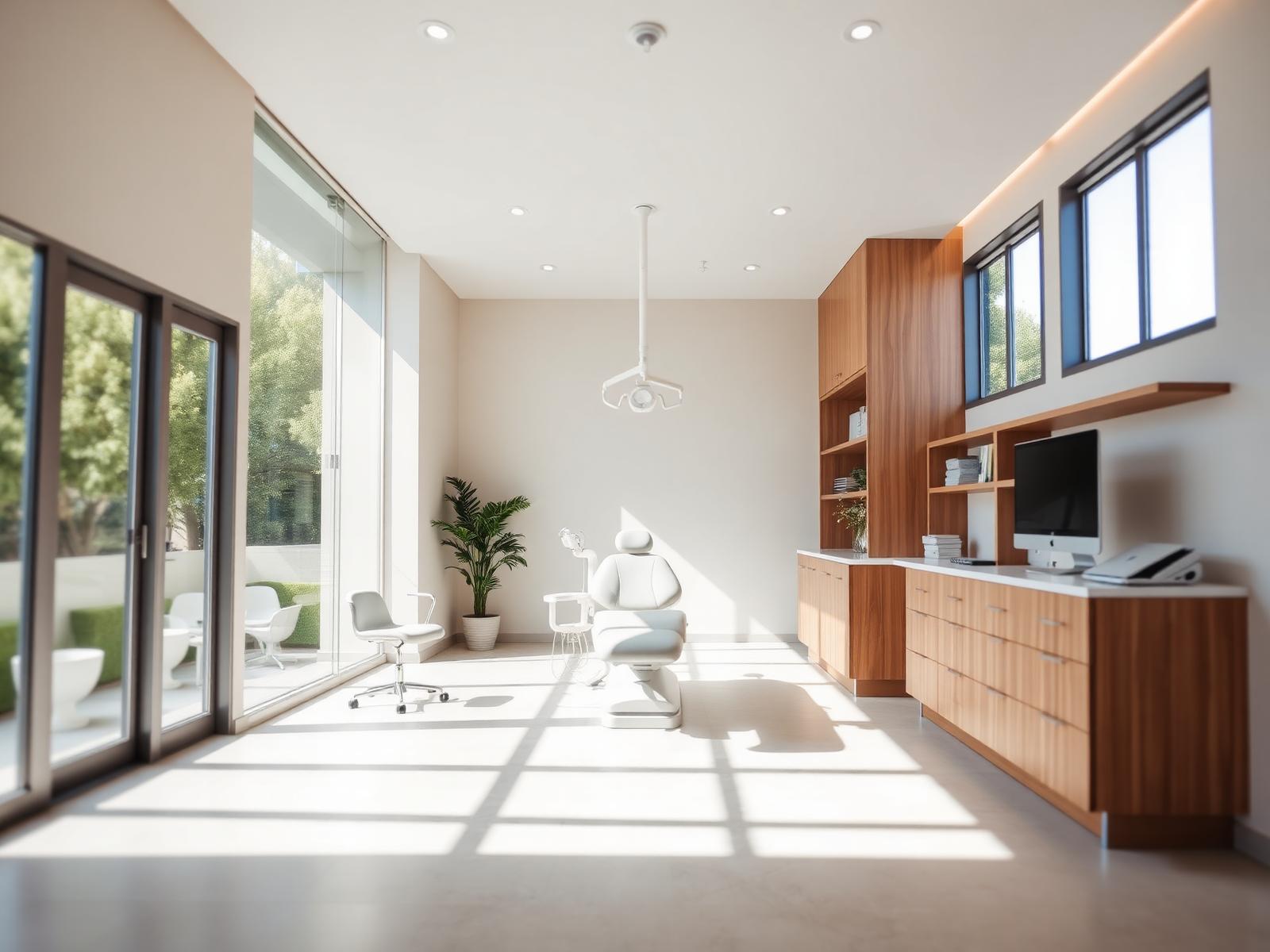 A calm, modern dental practice interior in warm light